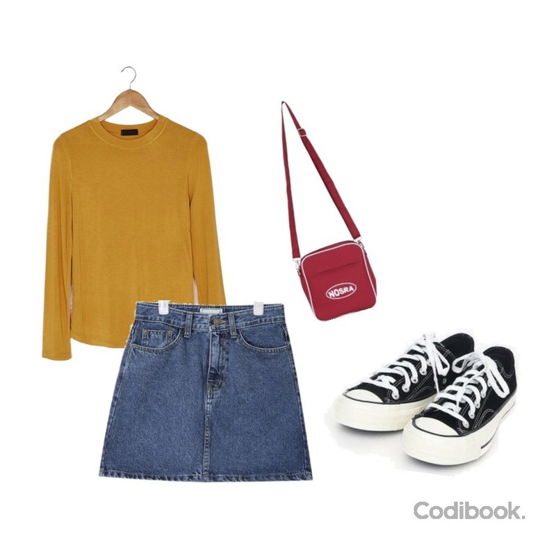 BANHARU coco round neck tee,AIN day A-line denim skirt (s, m, l),AIN coloring canvas sneakers (225-250)등을 매치한 코디