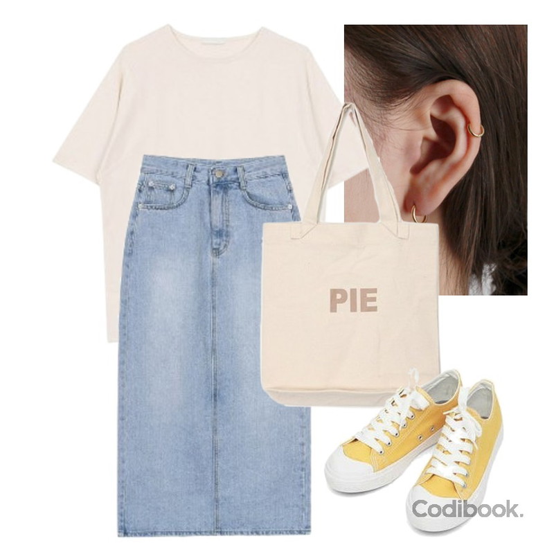 daily monday Silver essential gold ring earring(silver 925),biznshoe Denim long skirt (2color),biznshoe Cotton round tee (4color)등을 매치한 코디