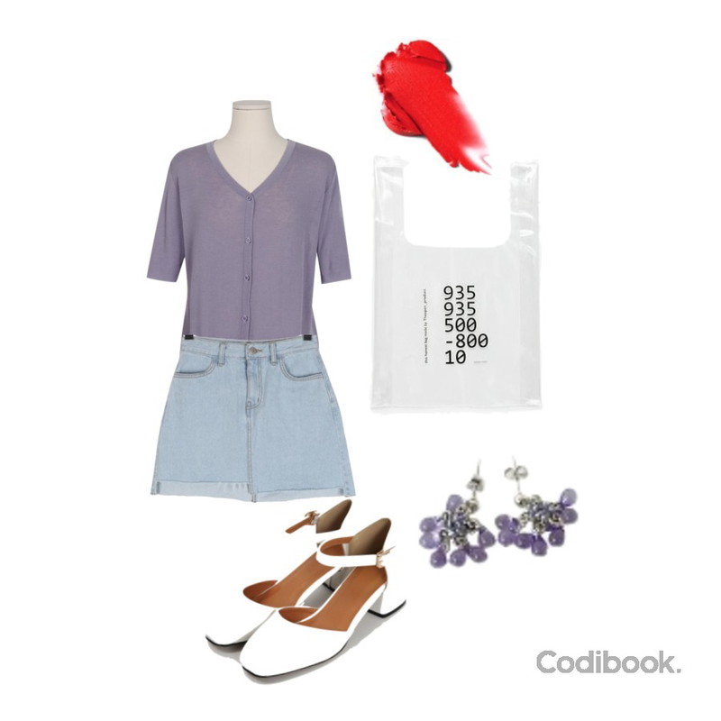 From Beginning Ankle strap middle heel_M (size : 225,230,235,240,245,250),BULLANG GIRL 언발시크릿데님SK,From Beginning Alice short-sleeve cardigan_M (size : free)등을 매치한 코디