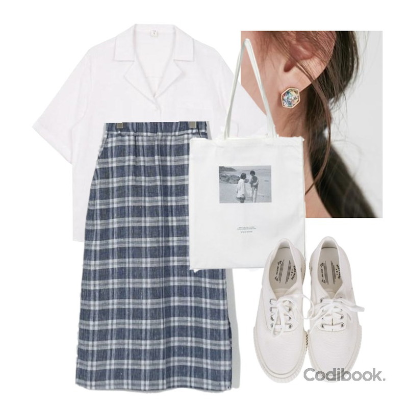 From Beginning Star piece earring_M (size : one),biznshoe Half collar shirt (6color),somedayif check banding long skirt (3colors)등을 매치한 코디