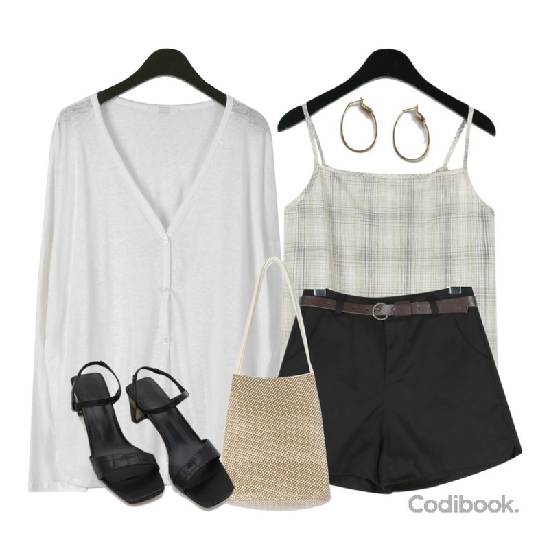 daily monday Round slit belt shorts,daily monday Loose fit linen cardigan,daily monday Girlish check sleeveless등을 매치한 코디