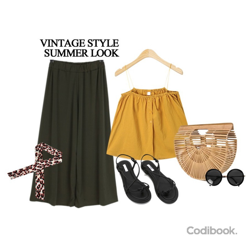 Zemma World Leopard petit scarf,BULLANG GIRL 와이드밴딩통바지P,AIN rate string sleeveless등을 매치한 코디
