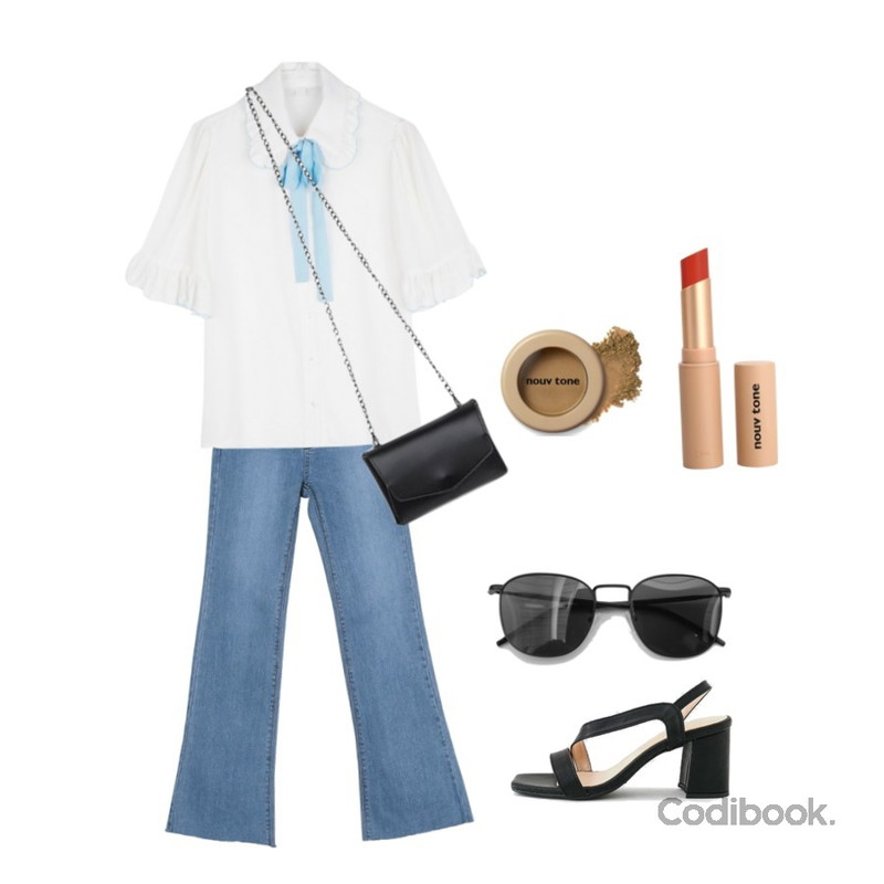 daily monday Real boots cut denim pants,LOVELY SHOES 보크 슬링백 샌들 7cm,daily monday Classy line sunglasses등을 매치한 코디