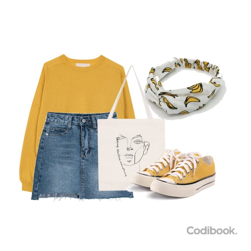 biznshoe Drawing eco bag,MASHYELLOW 써클 빈티지 데님 미니 스커트 [데일리/언발란스/연청],biznshoe Holga summer knit (2color)등을 매치한 코디