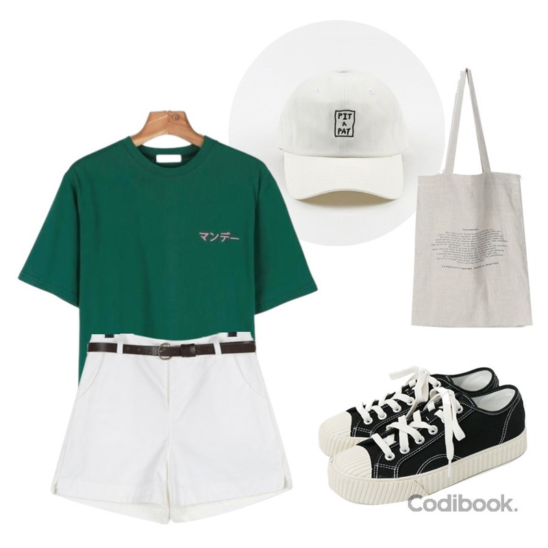 daily monday Pit a pat cap6/21 입고예정,daily monday Daily monday color tee,daily monday Round slit belt shorts등을 매치한 코디