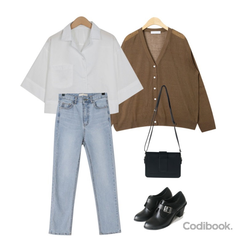 AFTERMONDAY modern buckle middle heels(2colors),From Beginning Helen modern pocket shirts_M (size : free),AIN basic wear cardigan등을 매치한 코디