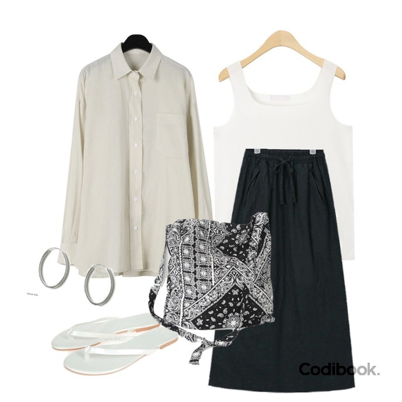ROCOSIX 데일리 컬러 슬리퍼,AIN basis color sleeveless,AIN cozy banding linen skirt등을 매치한 코디
