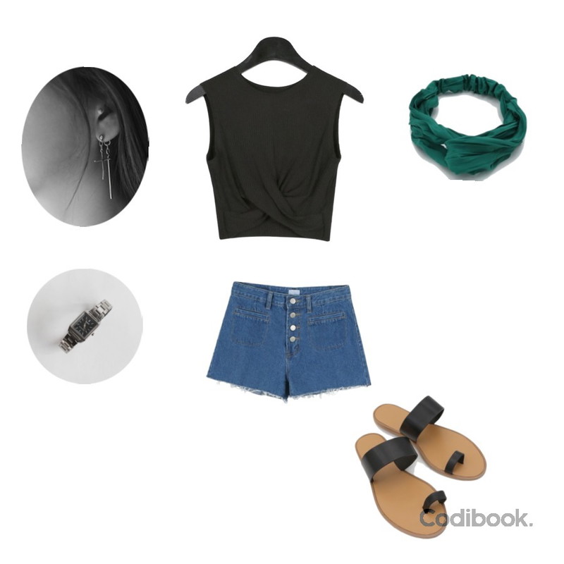 daily monday Button mini denim pants,daily monday Golgi crop twist sleeveless,daily monday Toe line strap slipper등을 매치한 코디