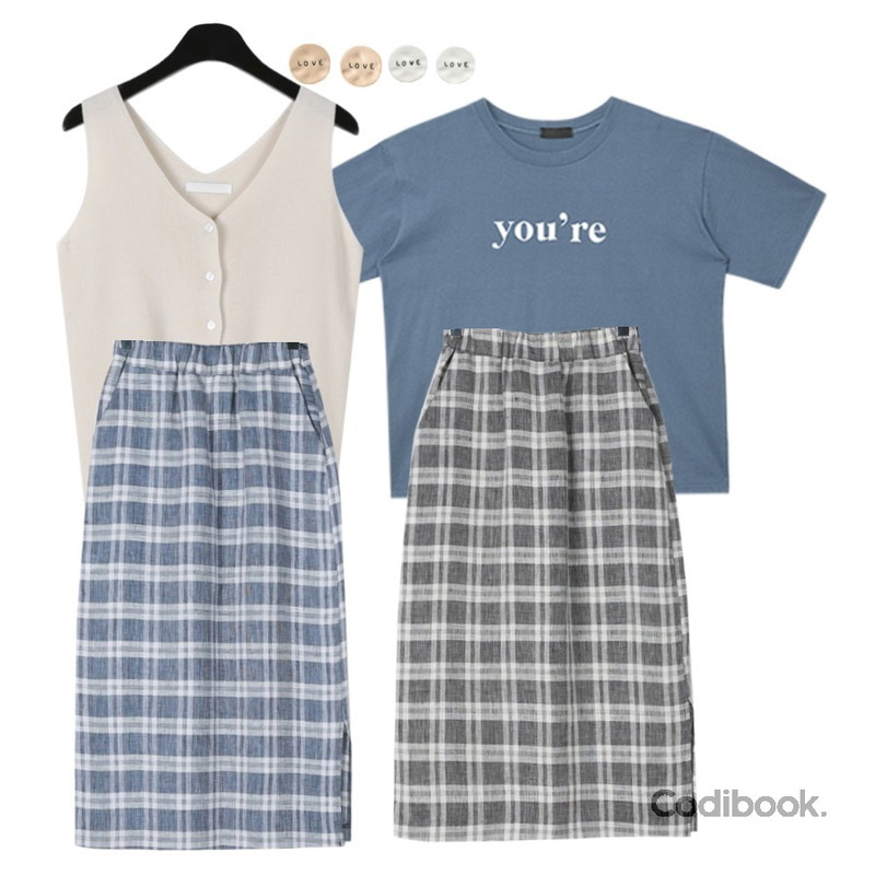 daily monday Linen check long skirt,MIXXMIX You are Lettering Top,daily monday Clear v-neck knit sleeveless등을 매치한 코디