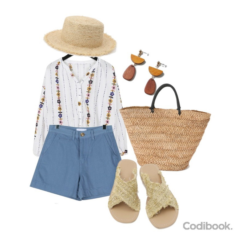 daily monday Natural flower cotton blouse,daily monday Wearable cotton half pants,daily monday Wood paper big basket bag등을 매치한 코디