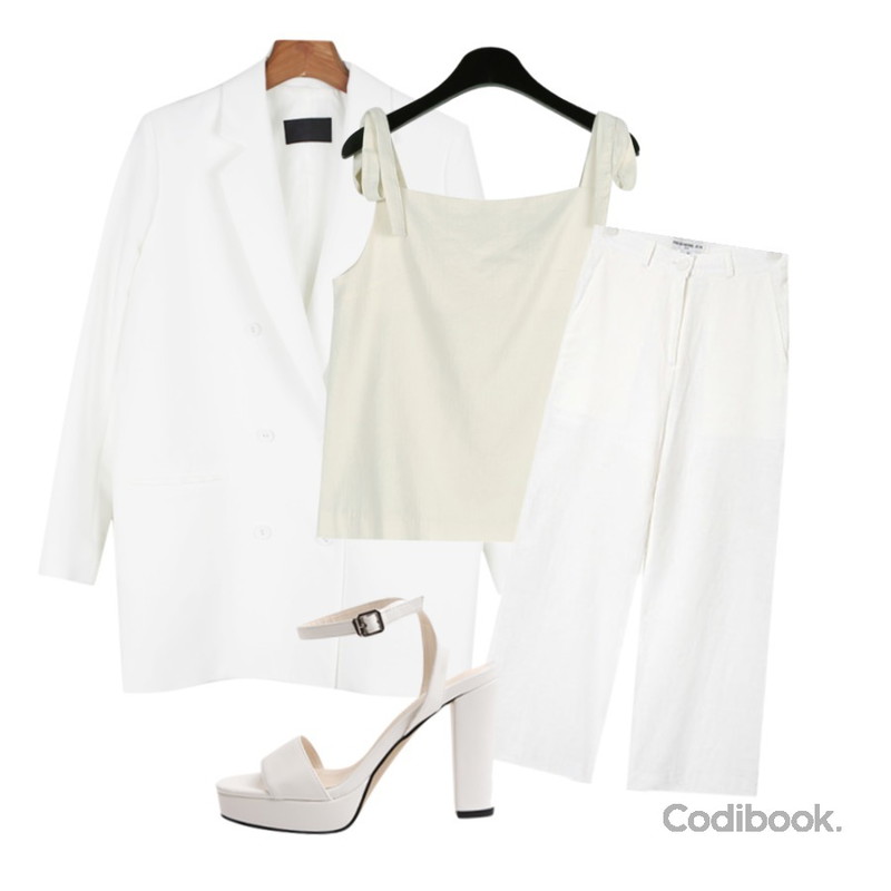 daily monday Clean double jacket,daily monday French shoulder tie sleeveless,AIN FRESH A summer linen pants (s, m, l)등을 매치한 코디