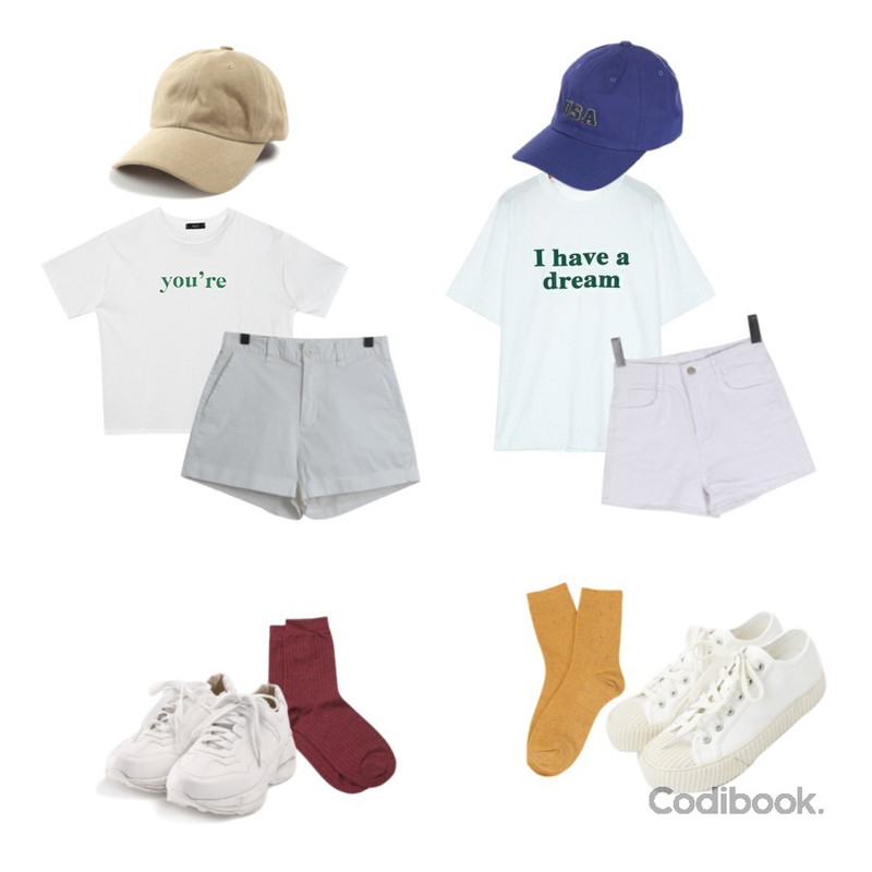 AIN colorful golgi socks (12 colors),ROCOSIX 드림 레터링 티셔츠,MIXXMIX You are Lettering Top등을 매치한 코디