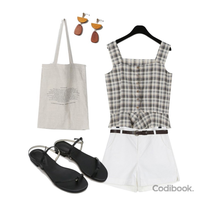 daily monday Round slit belt shorts,daily monday Lovely frill check sleeveless,daily monday Sentence linen bag등을 매치한 코디