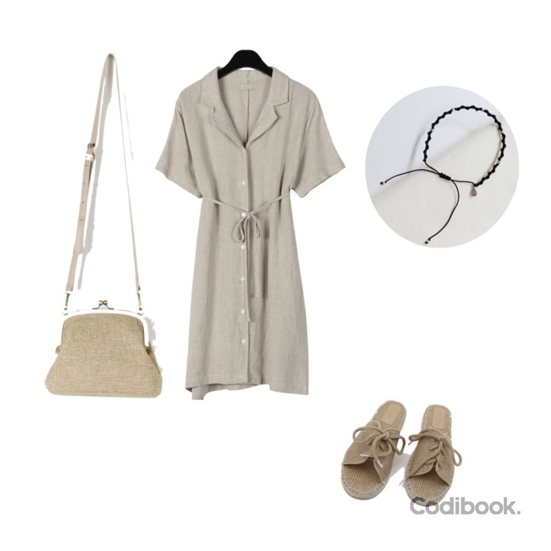 daily monday Simple thin yarn bracelet.02,daily monday Tie shoelace slipper,daily monday Linen collar mini one-piece등을 매치한 코디