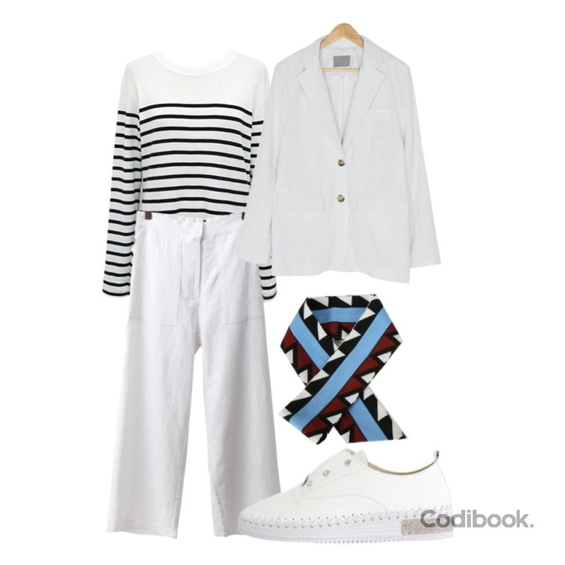 걸즈비 마린T,BANHARU two button loose fit jacket,OBBANG STYLE 에넌 린넨바지등을 매치한 코디