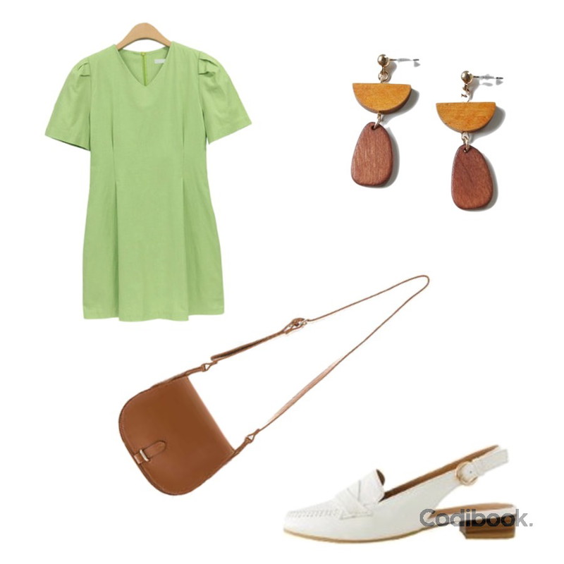 LOVELY SHOES 시엘튼 슬링백 플랫슈즈 2.5cm,daily monday Figure wooden drop earring,NEW NEED NOW 윈디 핀턱 원피스(3color)등을 매치한 코디