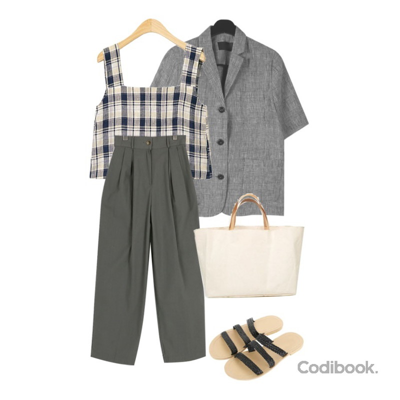 daily monday Linen check half jacket,AIN back ribbon check sleeveless,somedayif pintuck linen span pants (3colors)등을 매치한 코디