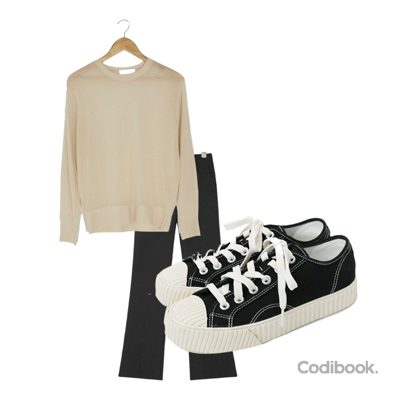 BANHARU see-through soft knit,AIN moment boots cut slacks (s, m, l),daily monday Simple every day sneakers등을 매치한 코디