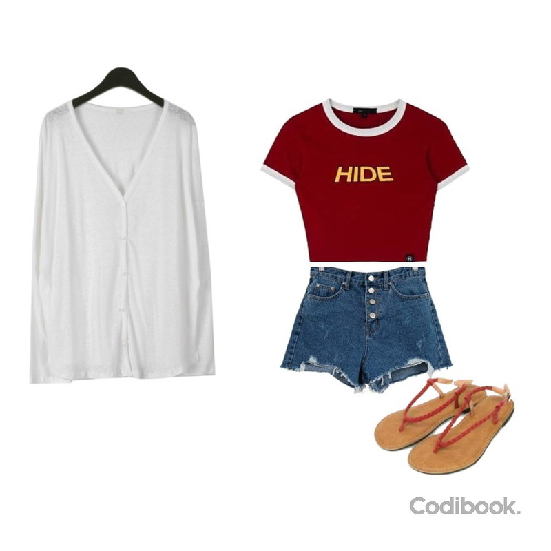 MIXXMIX HIDE Logo Color Crop Top,HAEPP 카린 - 버튼 데님팬츠,daily monday Loose fit linen cardigan등을 매치한 코디