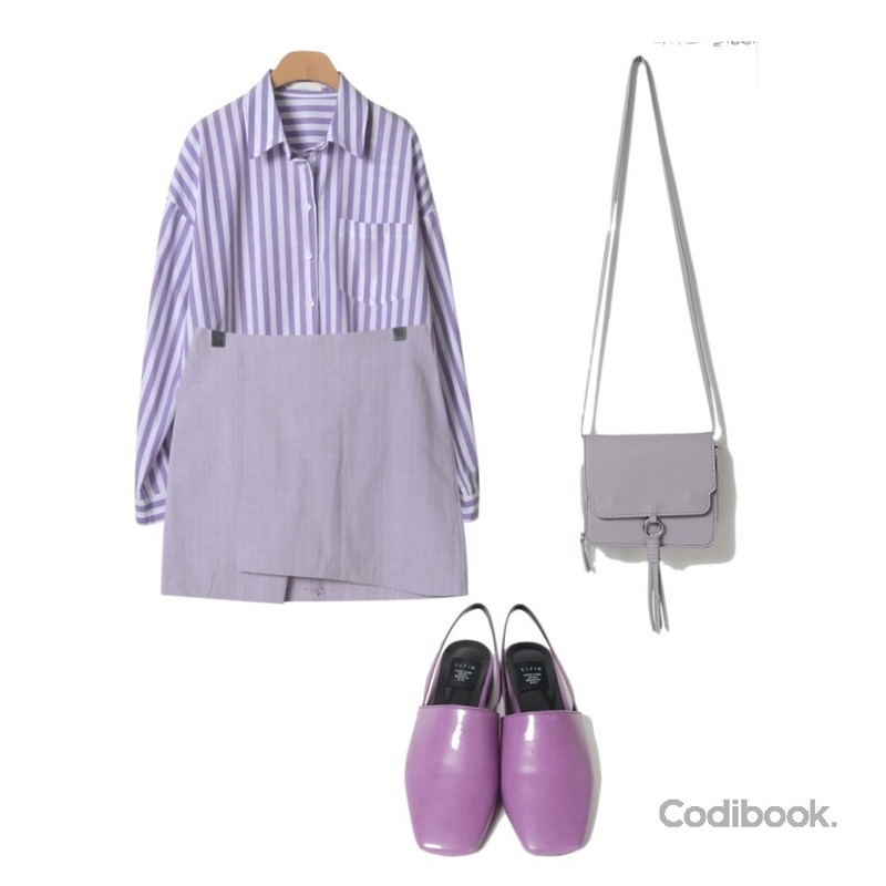 OBBANG STYLE 미니 태슬 크로스백,OBBANG STYLE 로우 스트라이프 카라셔츠,OBBANG STYLE 루시 린넨 랩스커트등을 매치한 코디