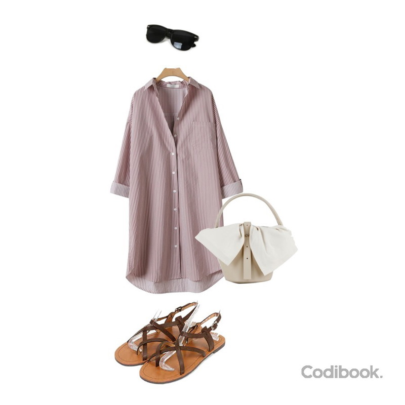 Zemma World RAY (썬글),AIN plus strap sandal (225-250),OBBANG STYLE 미몽 스트라이프 셔츠원피스등을 매치한 코디