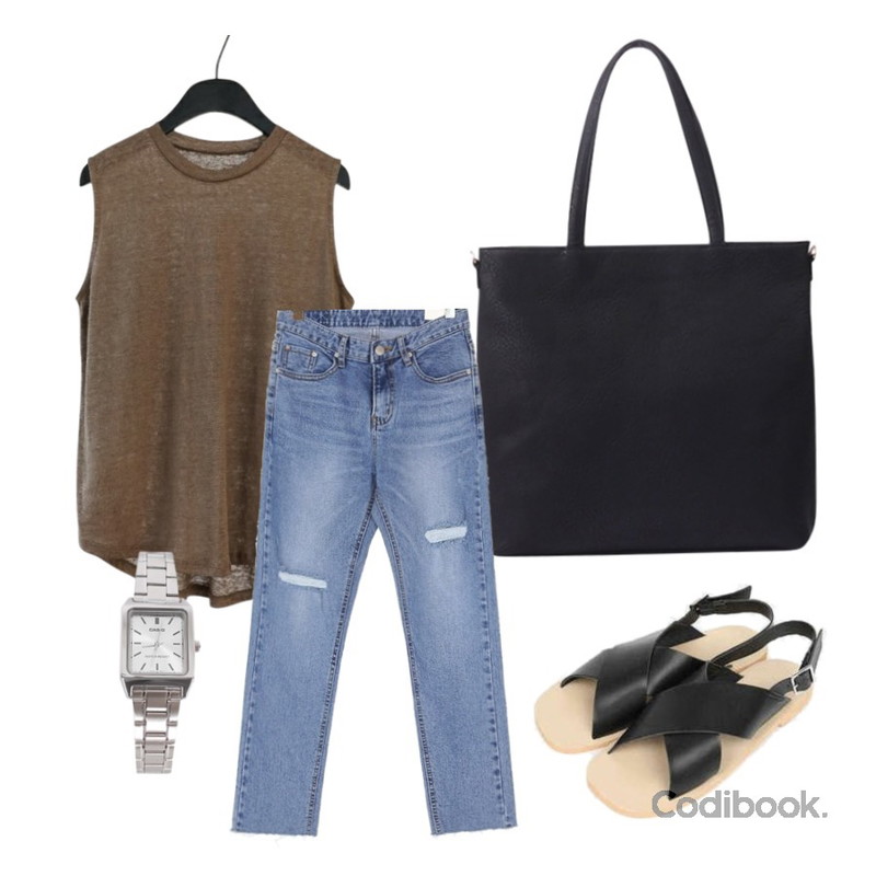 biznshoe Simple tote bag (5color),UPTOWN HOLIC 카운드 pants,AFTERMONDAY rounded edge linen sleeveless (3colors)등을 매치한 코디