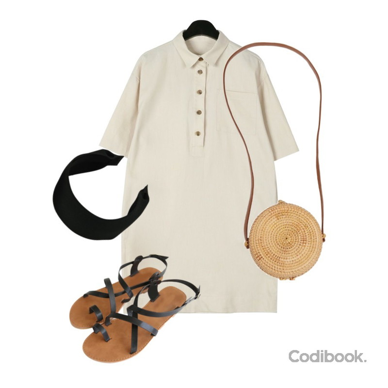 daily monday Daily comfy collar one-piece,WHOSGIRL [재입고됐어요] 튼튼 동그리 메쉬크로스백,Zemma World Delly-샌들[size:225~250 / 4color]등을 매치한 코디