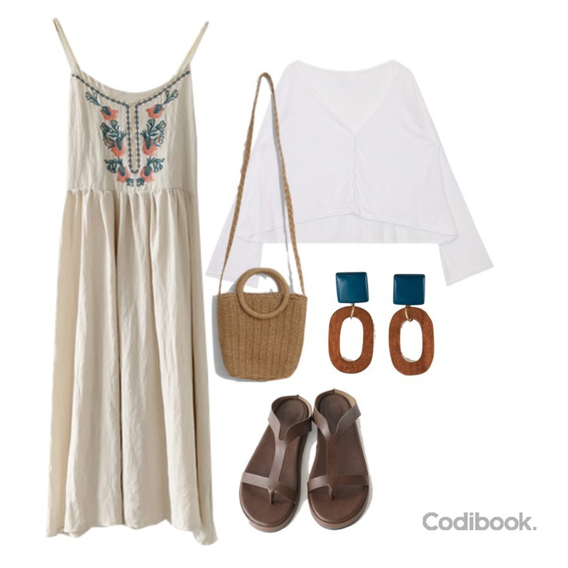 TODAY ME [bag]펠키 백(라탄 피크닉 썸머 투웨이 크로스 미니백 바캉스),openthedoor summer basic cardigan (5 color),ENVYLOOK 치드자수원피스등을 매치한 코디