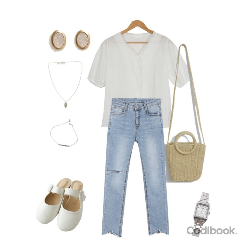 Zemma World Sunny-뮬슈즈[size:230~250 / 4color],TODAY ME [bag]펠키 백(라탄 피크닉 썸머 투웨이 크로스 미니백 바캉스),AWAB 미니레이스블라우스등을 매치한 코디