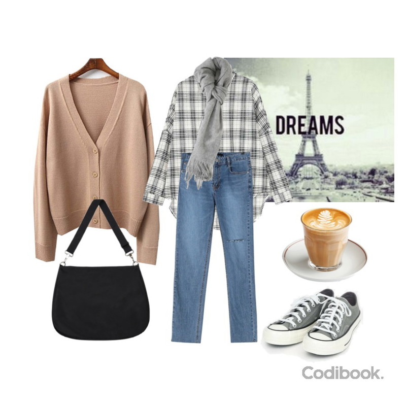 dreams,LINDA GIRLS 페즐 브이넥 가디건,AIN coloring canvas sneakers (225-250)등을 매치한 코디