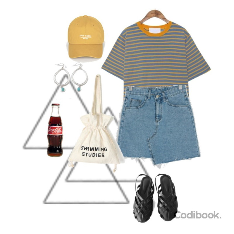 Untitled,BANHARU unique unbalance denim skirt,common unique [TOP] TOY COLORING STRIPE 1/2 T등을 매치한 코디