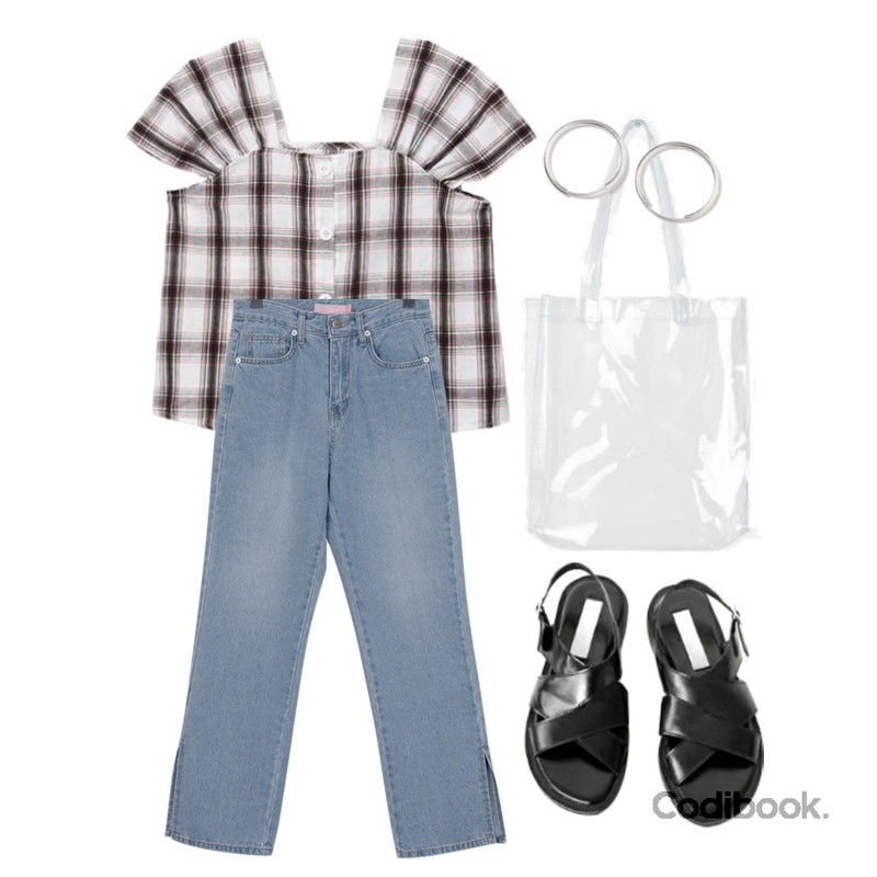 AFTERMONDAY mannish mood sandals (2colors),From Beginning Down slit straight denim_S (size : S,M,L,XL),MIXXMIX Square-neck Checked Blouse등을 매치한 코디