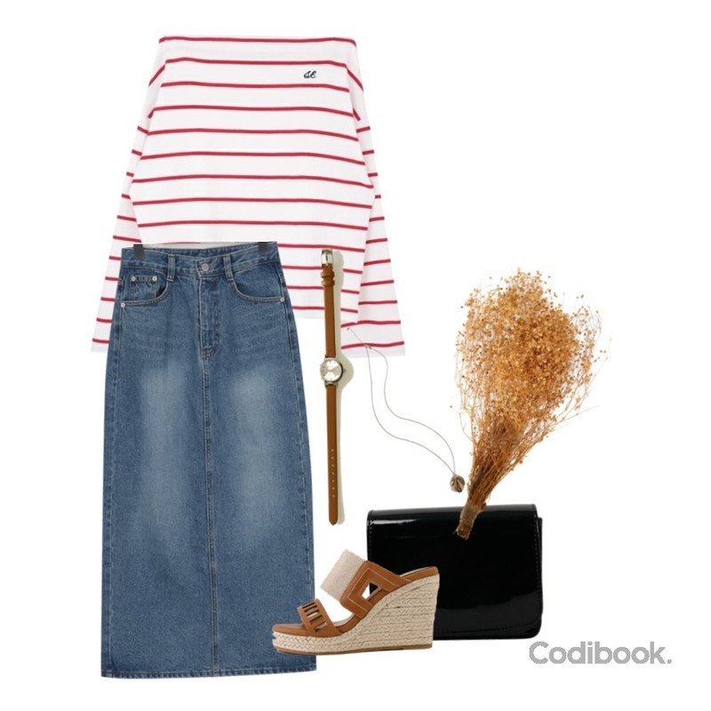 MIXXMIX SEEK Stripe Off Shoulder Top,From Beginning Enamel mini two-way bag_H (size : one),From Beginning Smoothie long denim skirt_H (size : S,M)등을 매치한 코디