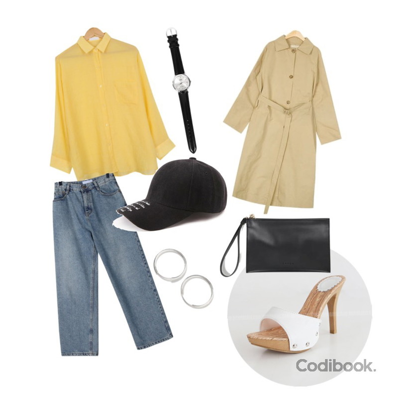 AIN look neat single trench coat,AWAB 프레쉬썸머셔츠,daily monday Cool Vintage washing pants등을 매치한 코디