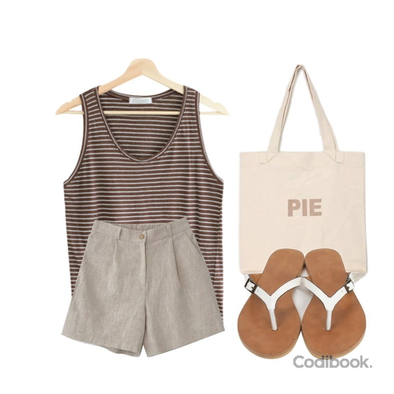 AIN pie eco bag,SUNSHINE WITH ME 단가라유넥-cami,MINIBBONG 넬슨 린넨 반바지 (린넨100)등을 매치한 코디