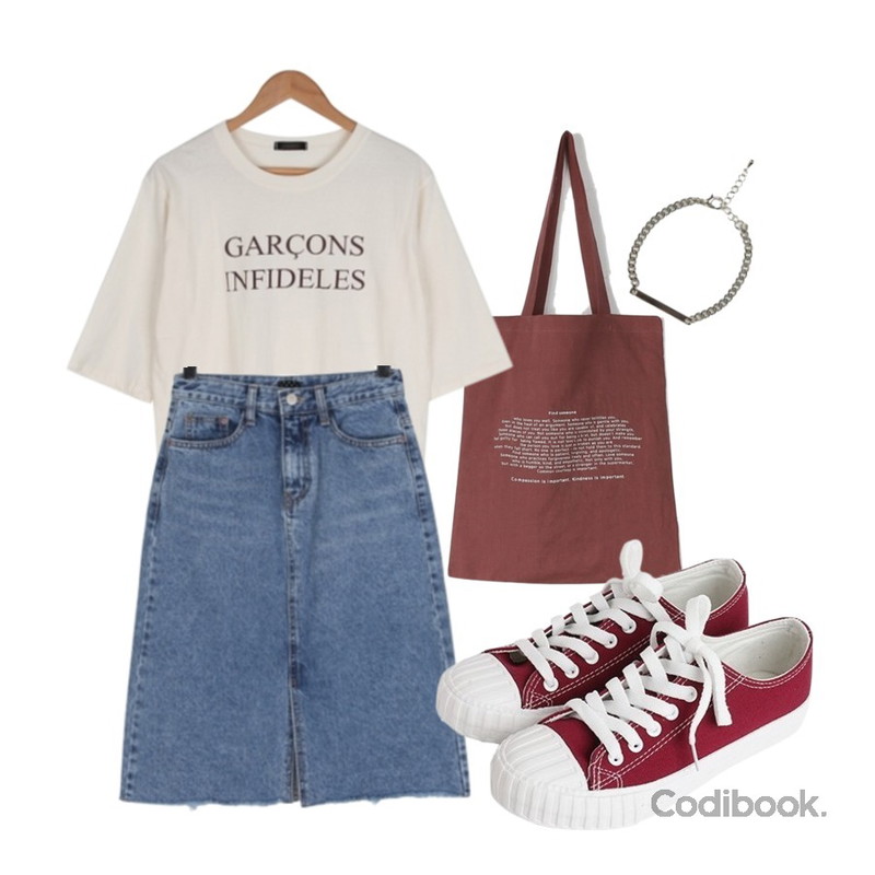 daily monday Sentence linen bag,BULLANG GIRL 살짝만보여줄래앞트임SK,BULLANG GIRL 7부레터링가르송T등을 매치한 코디