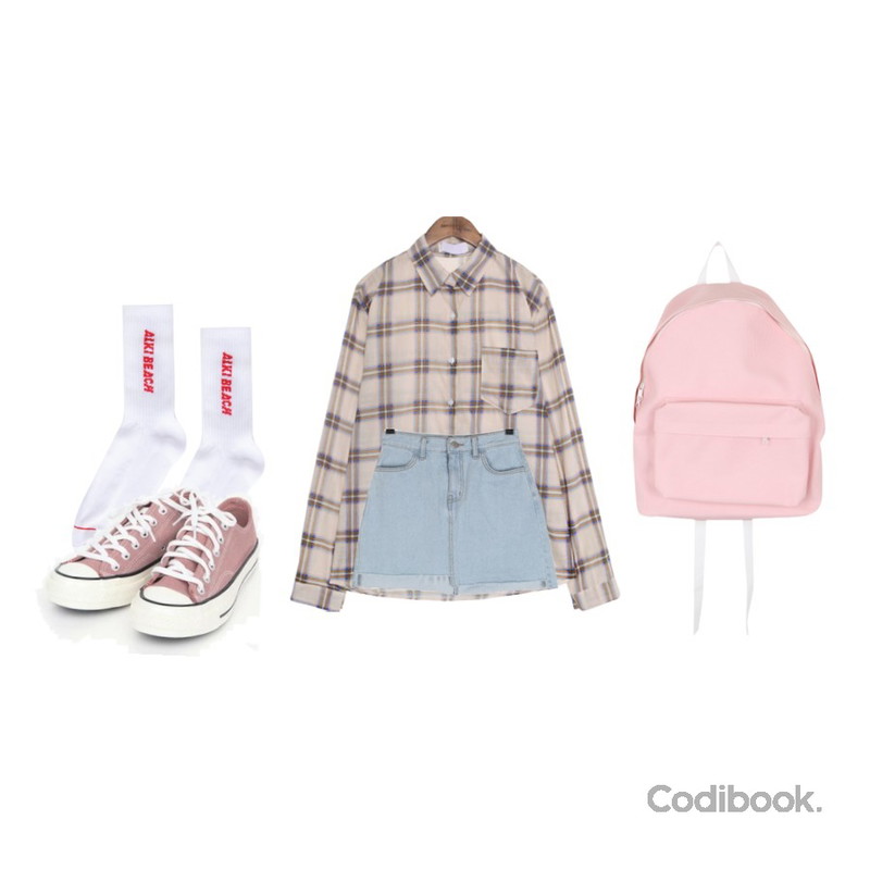 BULLANG GIRL 밀키퐁백팩,BULLANG GIRL 언발시크릿데님SK,common unique [TOP] FAIR TONE VINTAGE CHECK SHIRTS등을 매치한 코디