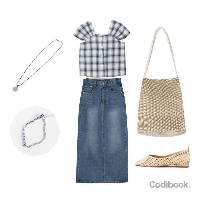 LOVELY SHOES 율런 라탄 플랫슈즈 2cm,From Beginning Smoothie long denim skirt_H (size : S,M),MIXXMIX Square-neck Checked Blouse등을 매치한 코디