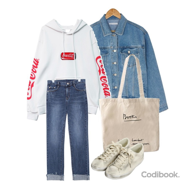 BANHARU refresh denim jacket,GIRLS RULE [남여공용] 코크 캔 후디 (t4357),common unique [BOTTOM] WASHING ROLL UP DENIM PANTS등을 매치한 코디