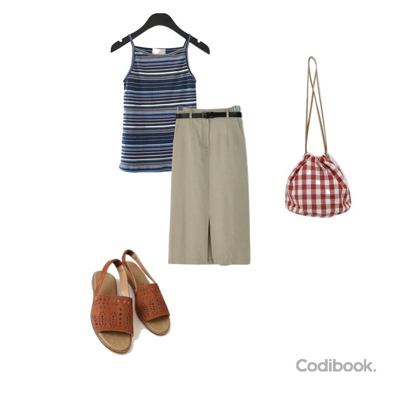 BANHARU banding belt set midi skirt,daily monday Ethnic sling back sandals,AFTERMONDAY color stripe strappy top (3colors)등을 매치한 코디