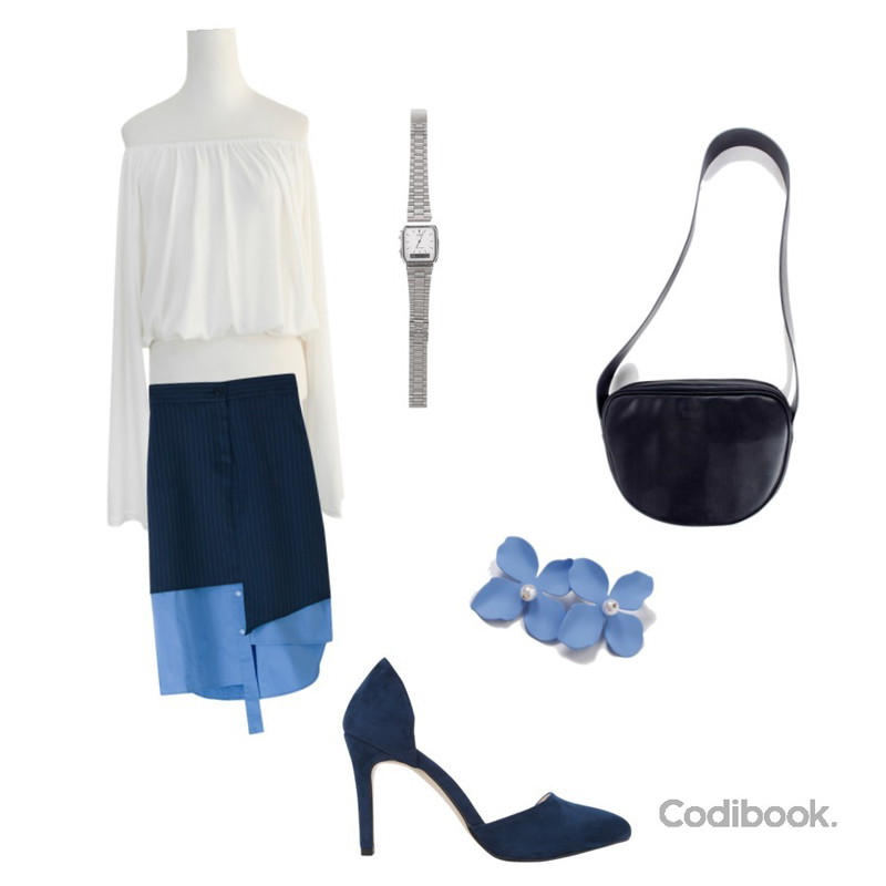 AIN feminine stiletto heel (3 colors),BANHARU unique unbalance banding skirt,SUNSHINE WITH ME 밀란오프-t등을 매치한 코디