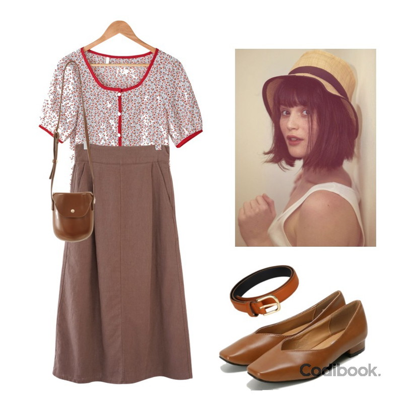 somedayif square simple flat shoes (4colors),BANHARU square neck flower printing blouse,AFTERMONDAY linen balance skirt (4colors)등을 매치한 코디