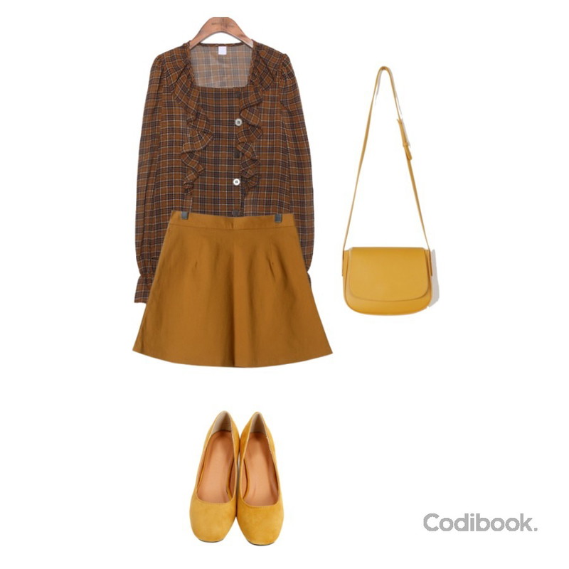 OBBANG STYLE 실루엣미니스커트,daily monday Color line leather bag,common unique [TOP] 5 BUTTON CHECK FRILL CHIFFON BLOUSE등을 매치한 코디