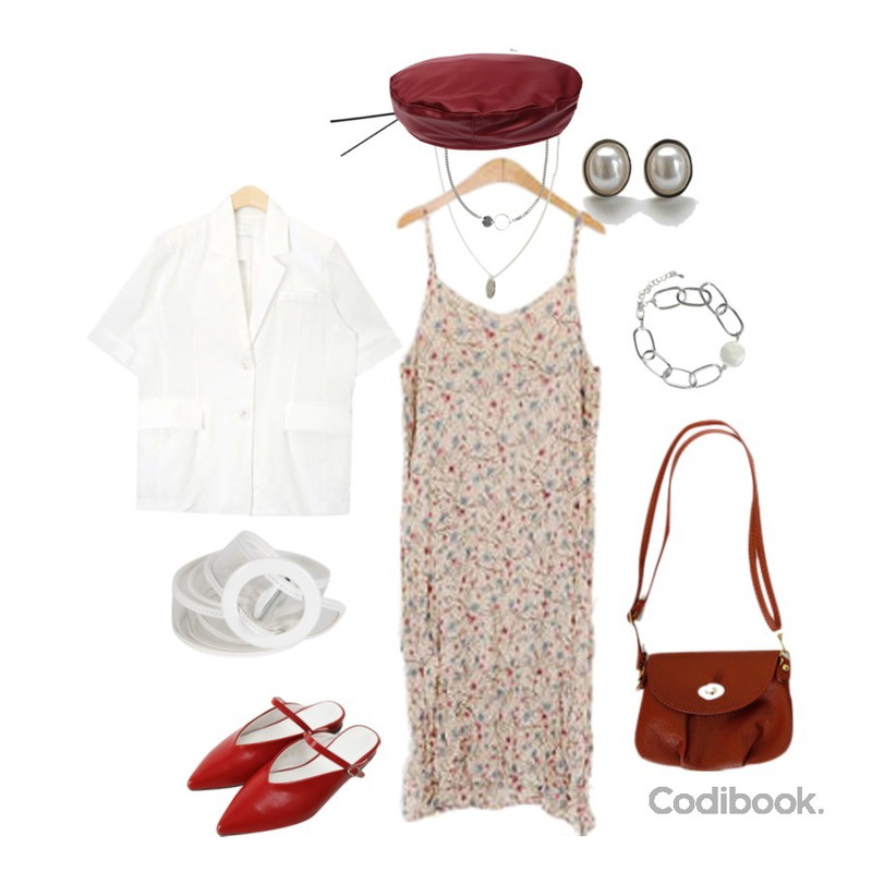 somedayif upper strap mule (2colors),AIN july linen half jacket,LOVELY SHOES 멜라 플라워 원피스등을 매치한 코디