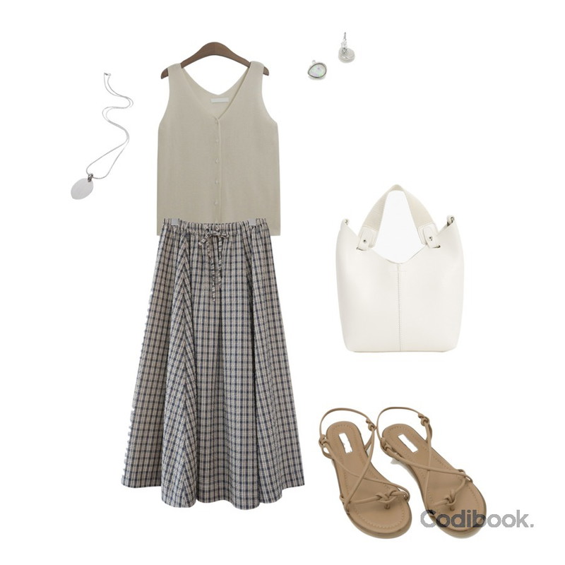 daily monday Knot through strap sandals,TODAY ME [sleeveless]밀렛 나시(단추 V넥 니트나시),AFTERMONDAY seersucker wide flare skirt (2colors)등을 매치한 코디