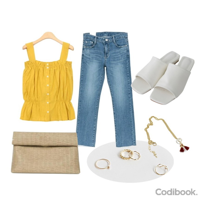 daily monday Point 4design ring set,AIN candyfloss sleeveless blouse (3 colors),NEW NEED NOW 레온 롤업 데님 팬츠등을 매치한 코디