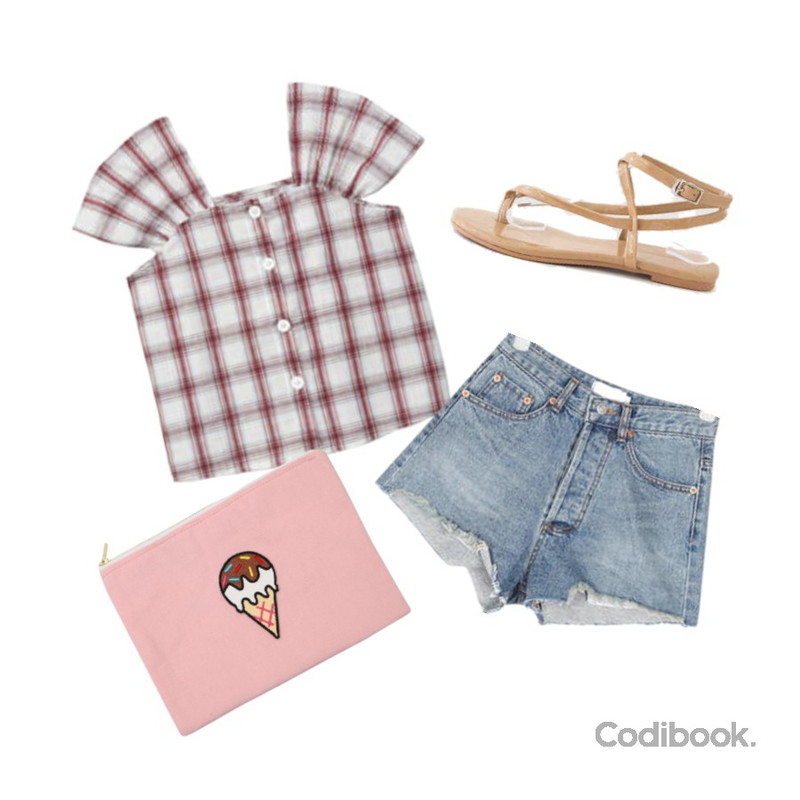 Dailyco 아이스크림클러치,MIXXMIX Square-neck Checked Blouse,AIN eve denim short pants (s, m)등을 매치한 코디