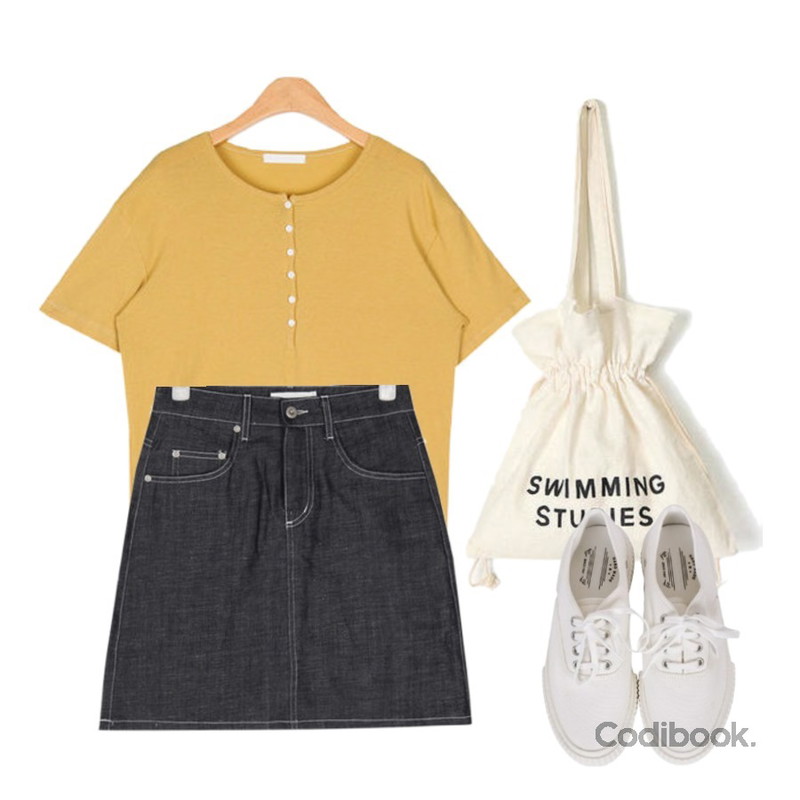 AIN august button T,AIN summer cotton bucket bag,AIN cami denim skirt (s, m)등을 매치한 코디