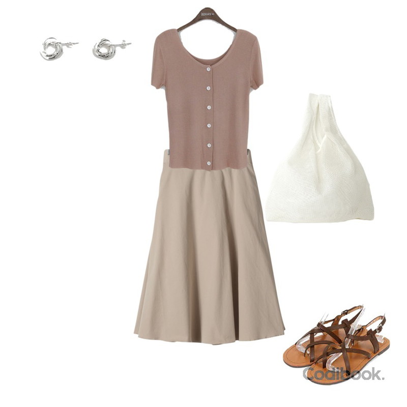 AIN antique strap sandal (225-250),OBBANG STYLE 밀크티 플레어스커트,binary01 단추 캐롤 반팔니트등을 매치한 코디
