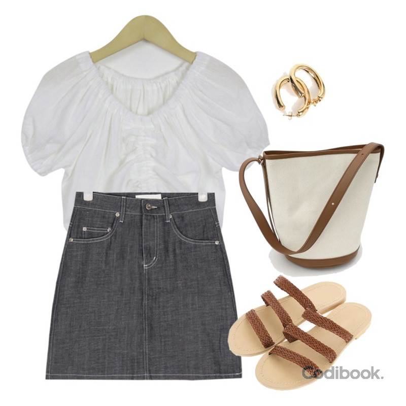 ROCOSIX 케일리 라탄 슬리퍼,From Beginning String mini balloon blouse_K (size : free) ,AIN cami denim skirt (s, m)등을 매치한 코디